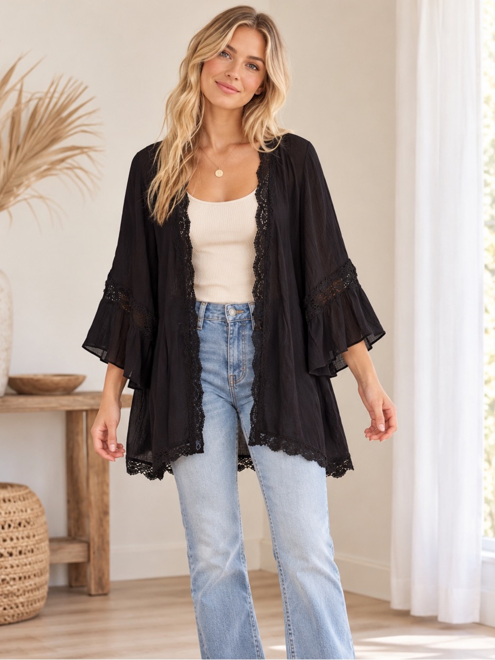 DAVI & DANI Black Lace Trim Kimono Cardigan